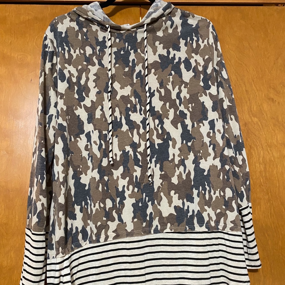 Sew in Love lightweight hoodie tunic tee in camouflage and stripe pattern.